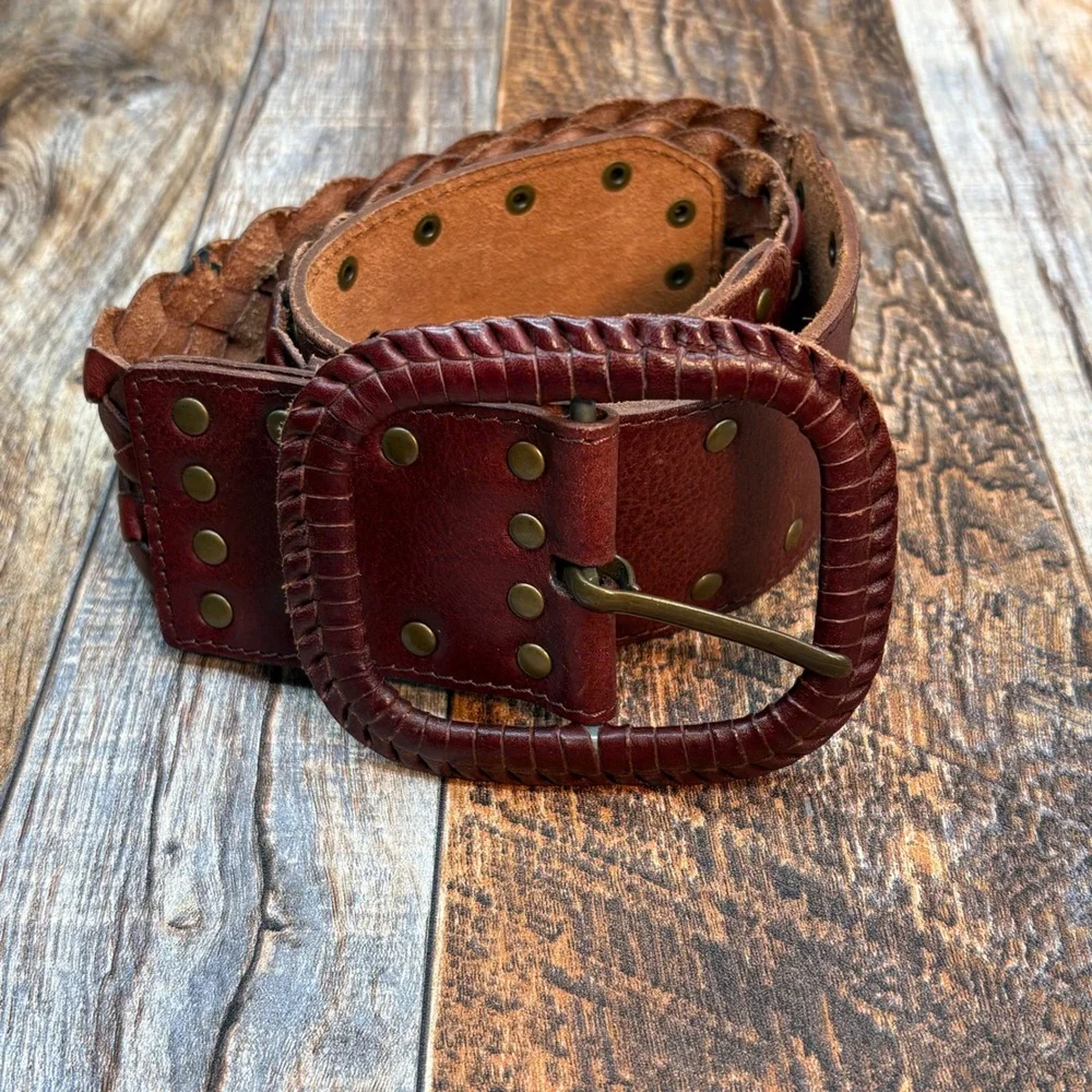 Fossil Womens Braided Brown Leather Belt Small Studs Wide Buckle